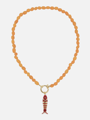 Oranje stenen ketting met rode vis bedel