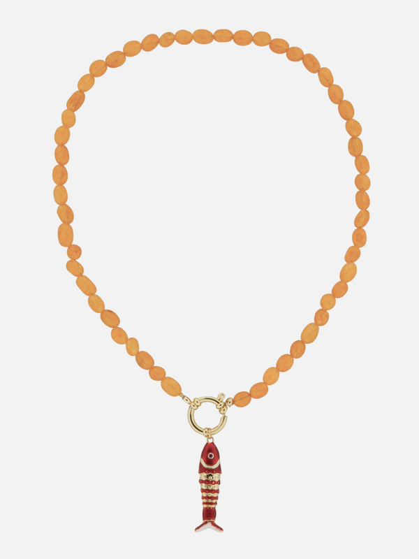 Oranje stenen ketting met rode vis bedel