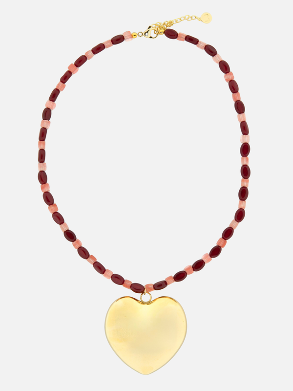 Roze bordeaux stenen ketting met groot hart