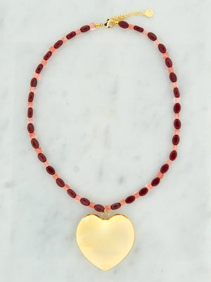 Roze bordeaux stenen ketting met groot hart