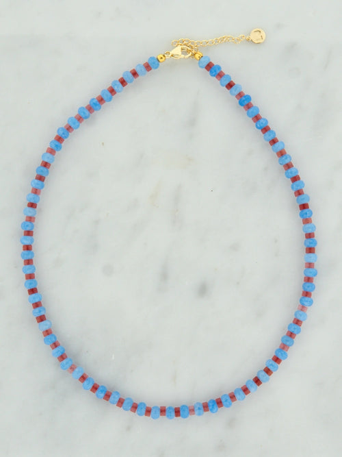 Roze en blauw stenen disc ketting
